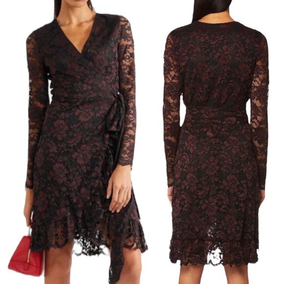 Ganni Flynn Lace Ruffle Wrap Dress Burgundy Black Size 2 - Picture 1 of 11